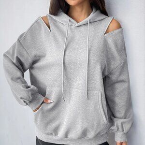 ✨NWT Boutique Drawstring Zip Detail Cold Shoulder Hoodie